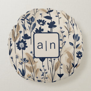 Coussins Ronds Monogramme Moderne Fleur Bleue