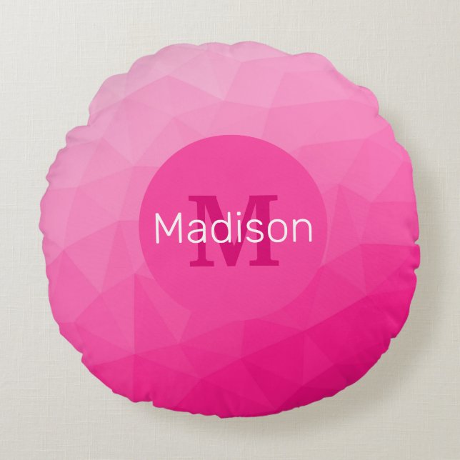Coussins Ronds Monogramme Motif à maillage géométrique rose chaud (Devant)