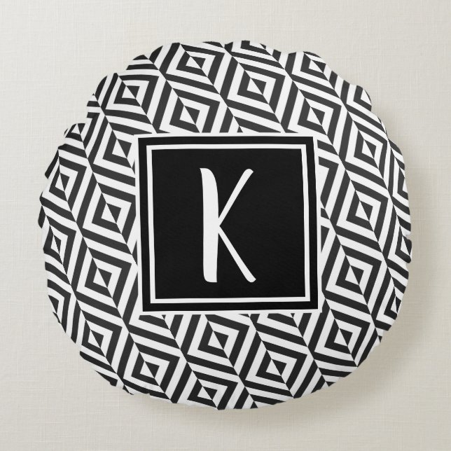 Coussins Ronds Monogramme Motif Diamant noir et blanc (Devant)