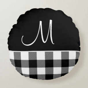 Coussins Ronds Monogramme Noir Blanc Buffalo Plaid Ferme
