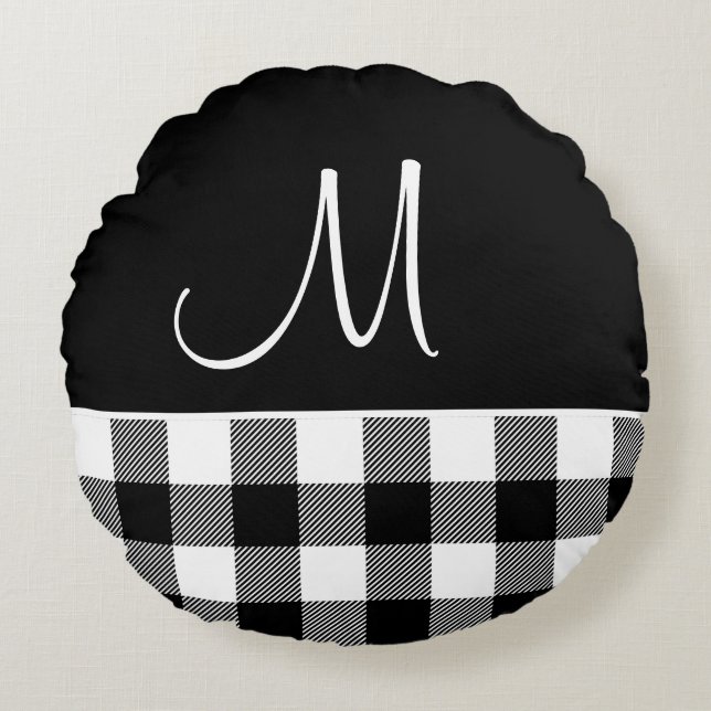 Coussins Ronds Monogramme Noir Blanc Buffalo Plaid Ferme (Devant)