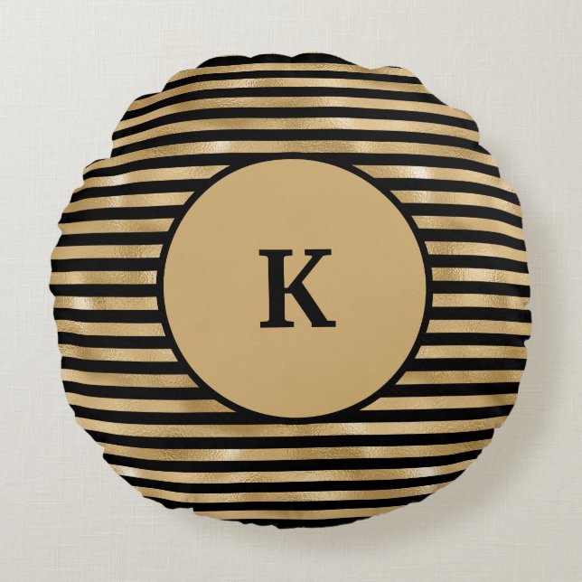 Coussins Ronds Monogramme Noir et or rayé chic moderne (Devant)