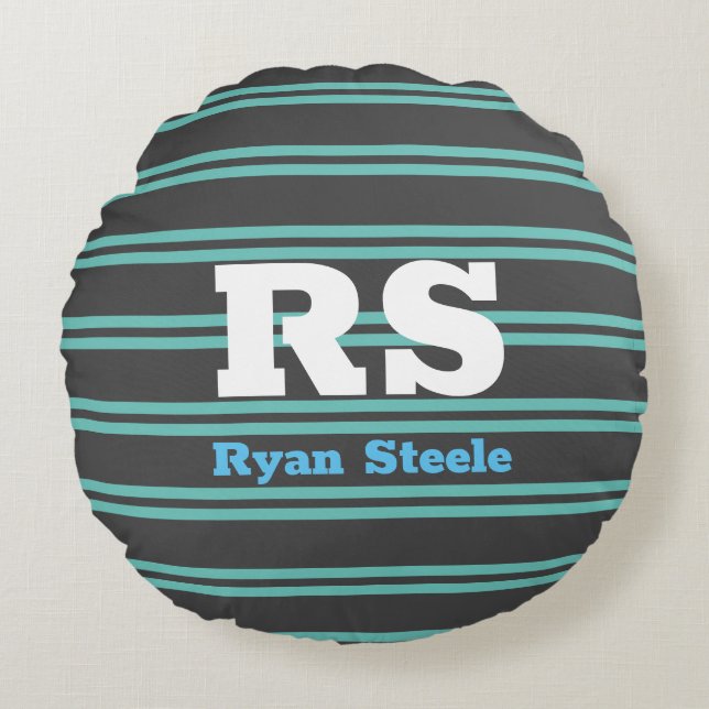 Coussins Ronds Monogramme & nom en gras, Lt Turquoise Lines sur g (Devant)