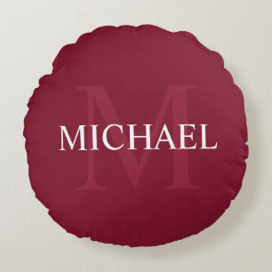 Coussins Ronds Monogramme personnalisé et nom rouge bordeaux