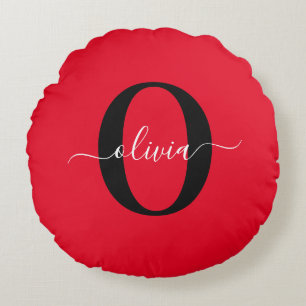 Coussins Ronds Monogramme personnalisé Nom du script Rouge Noir B