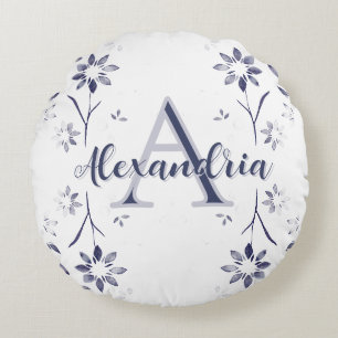 Coussins Ronds Monogramme personnalisé nom floral bleu
