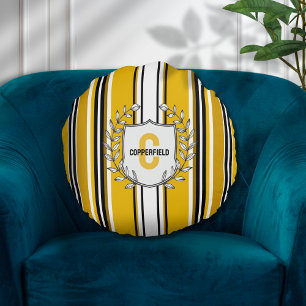 Coussins Ronds Monogramme Personnalisé Yellow Black Strips