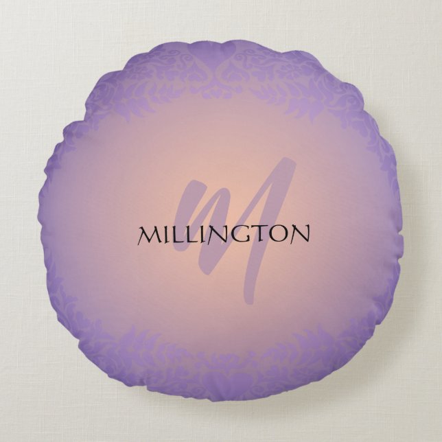 Coussins Ronds Monogramme pourpre et broyer Damas (Devant)
