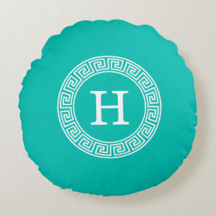 Coussins Ronds Monogramme principal grec blanc turquoise