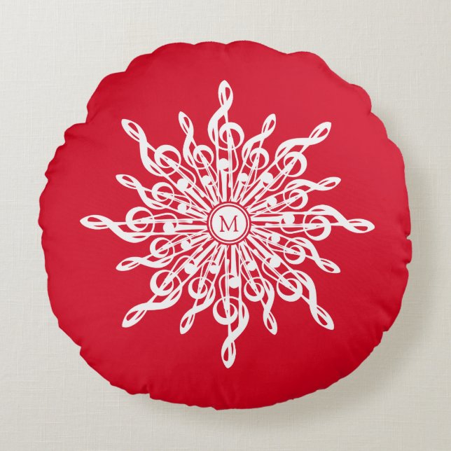 Coussins Ronds Monogramme rouge de Noël G-Clef Snowflake (Devant)