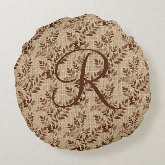 Coussins Ronds Monogramme Script initial Brown Rose Feuilles or (Dos)