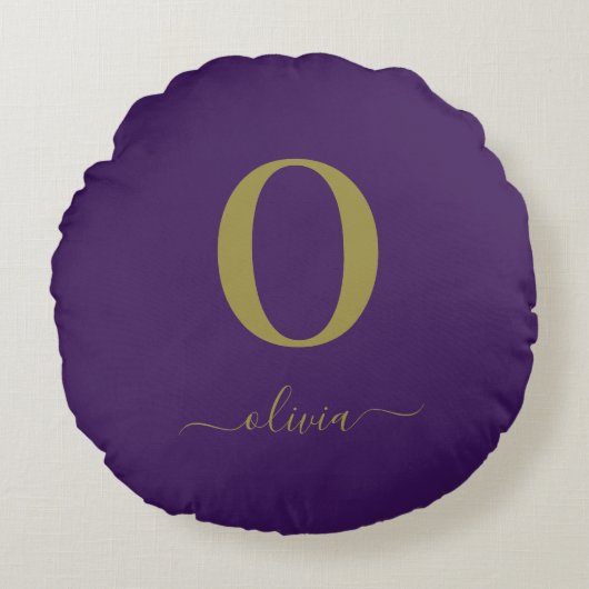 Coussins Ronds Monogramme Script Nom Personnalisé Violet Et Or (Devant)