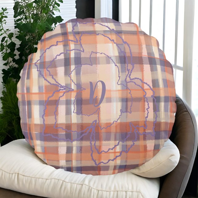 Coussins Ronds Monogramme tartan feuillage beige orange violet (Créateur téléchargé)