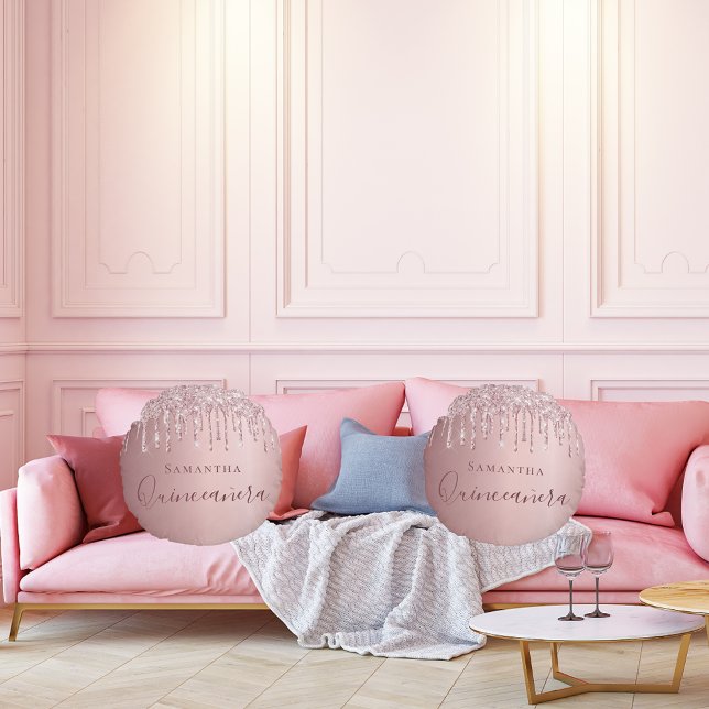 Coussins Ronds Monographie des gouttes roses rousses de Quinceane (Créateur téléchargé)