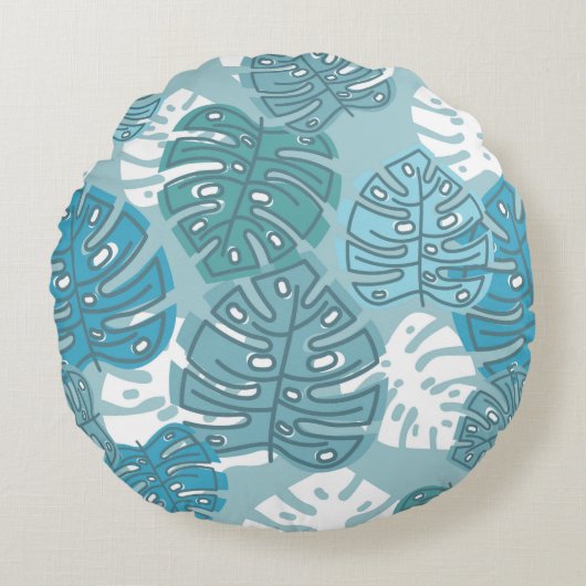 Coussins Ronds Monstera Hawaii rétro Leaf Summer Blues (Devant)