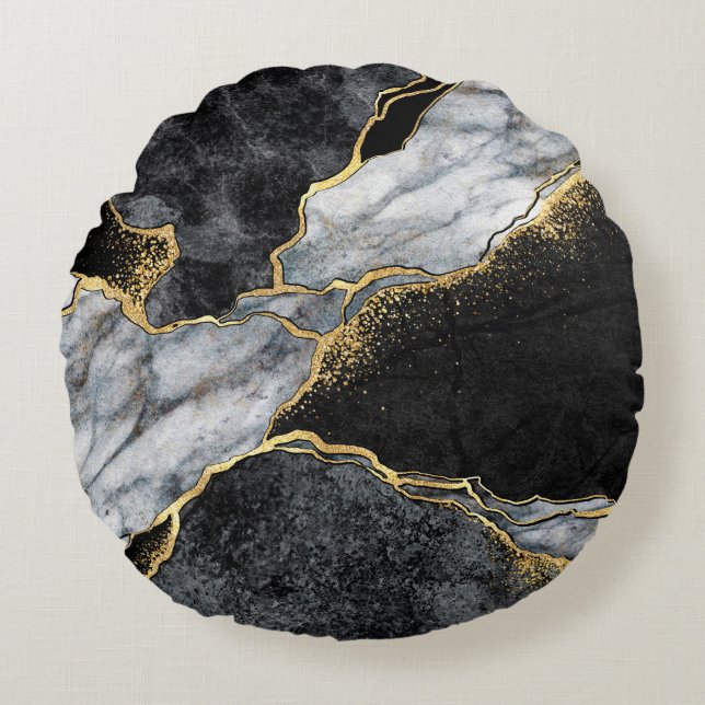 Coussins Ronds mosaïque abstraite arrière - plan, marbre noir et  (Devant)