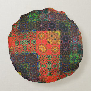 Coussins Ronds Mosaïque vert vieilli et corail à brun kaléidoscop