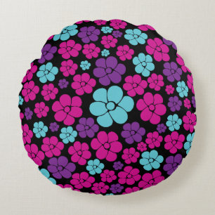 Coussins Ronds Motif à fleurs - rose, violet, bleu et noir
