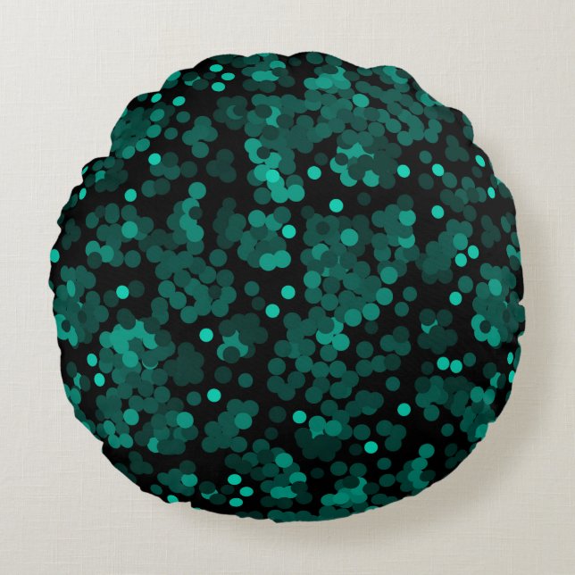 Coussins Ronds Motif à pois vert turquoise sur noir (Devant)