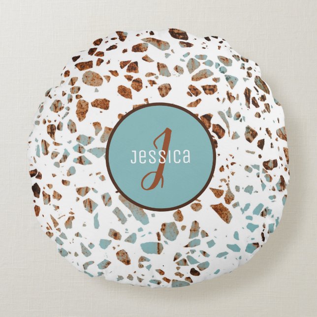 Coussins Ronds Motif Abstrait customisé Terrazzo Brown et bleu (Devant)