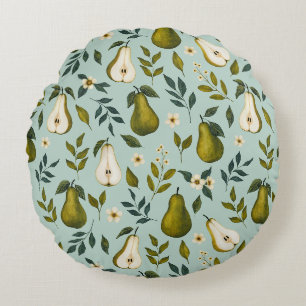 Coussins Ronds Motif aquarelle de poire verte sur bleu poussiéreu