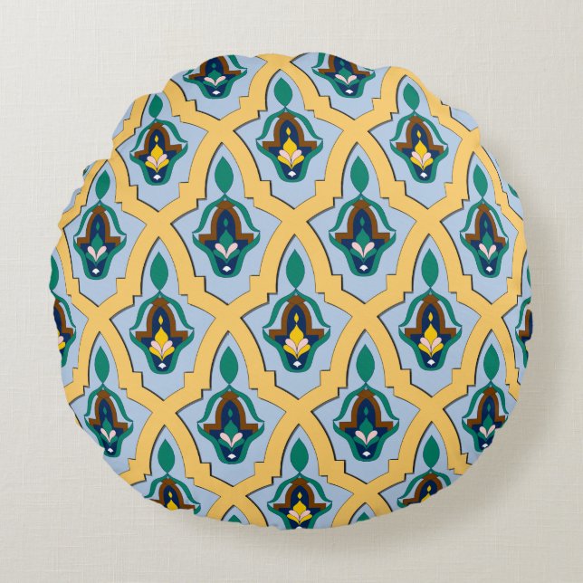 Coussins Ronds Motif arabe marocain en bleu et jaune (Devant)