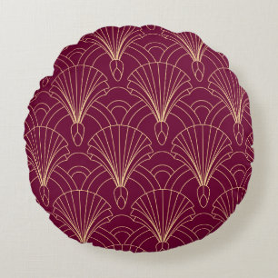 Coussins Ronds Motif Art Déco avec éventails géométriques dorés
