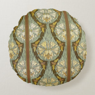 Coussins Ronds Motif Art Nouveau de lys et d'insecte vert sauge