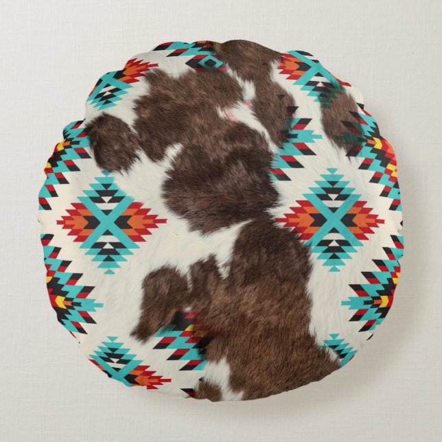 Coussins Ronds Motif Aztèque Boho Sud-Ouest moderne (Devant)