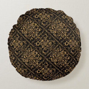 Coussins Ronds Motif baroque ornemental doré sur fond noir