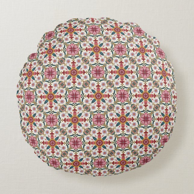 Coussins Ronds Motif bohème floral en rouge, rose et sarcelle (Devant)