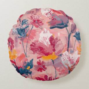 Coussins Ronds Motif botanique de fleurs roses peintes à la bross