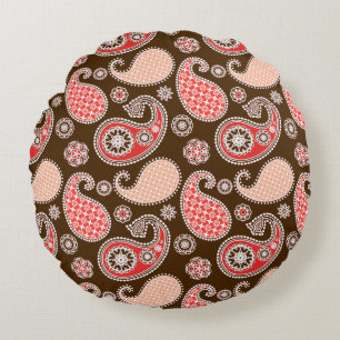 Coussins Ronds Motif cachemire, corail et marron chocolat