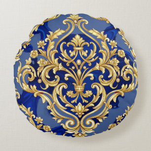 Coussins Ronds Motif damassé baroque bleu royal et or