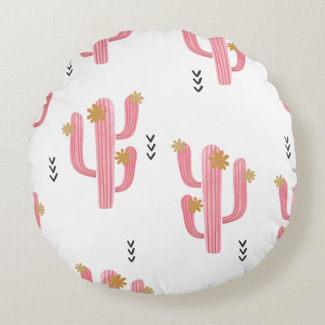 Coussins Ronds Motif de cactus à fleurs d'aquarelle transparente. (Devant)