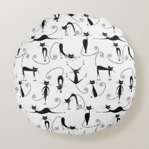 Coussins Ronds Motif de chat noir élancé fantaisiste