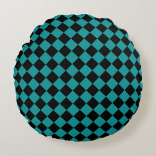 Coussins Ronds Motif de diamants turquoise Black Checker