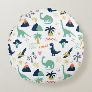 Coussins Ronds Motif de dinosaure et de volcan préhistoriques lud