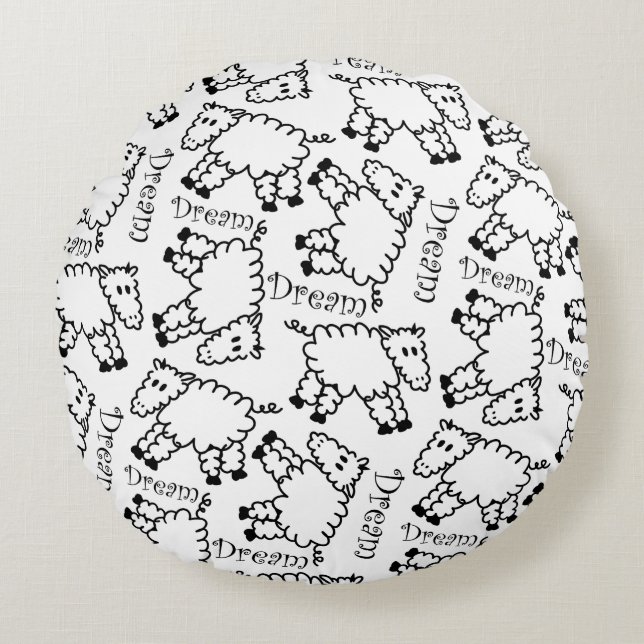 Coussins Ronds Motif de doodle de mouton noir et blanc (Devant)
