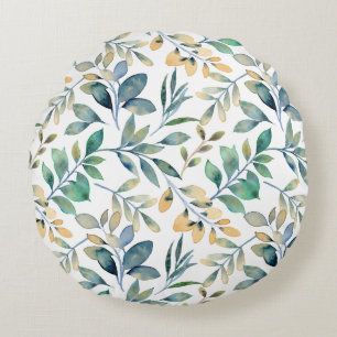Coussins Ronds Motif de feuille verte et jaune à l'aquarelle fraî