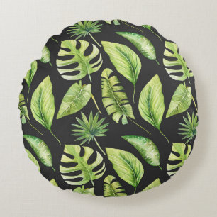Coussins Ronds Motif de feuilles tropicales vertes sur fond botan