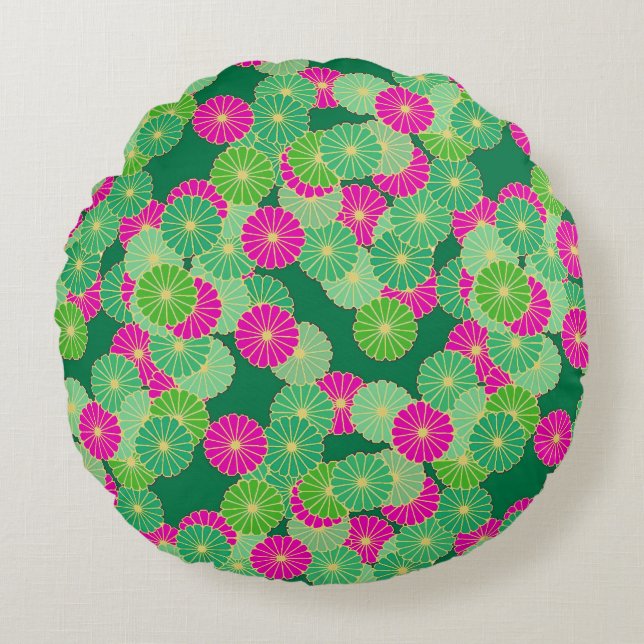 Coussins Ronds Motif de fleurs Art Déco - tons verts, fuchsia (Devant)