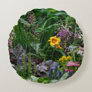 Coussins Ronds Motif de fleurs de jardin d'été vibrant en arrière