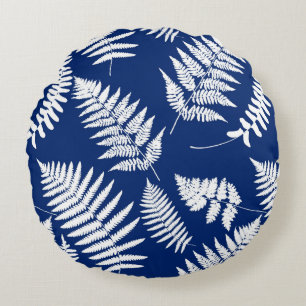Coussins Ronds Motif de fougères de bois, bleu et blanc de Cobalt