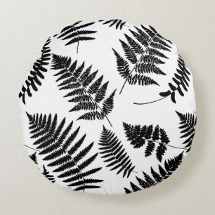 Coussins Ronds Motif de fougères de bois, noir et blanc