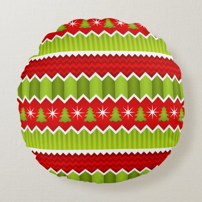 Coussins Ronds Motif De Frappes Chevron Rouge Et Vert Noël (Devant)