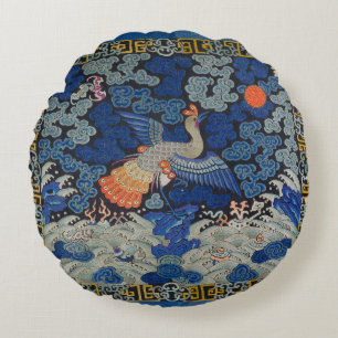 Coussins Ronds Motif de grue chinoise vintage : bleu impérial
