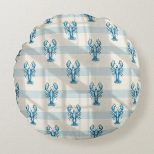 Coussins Ronds Motif de homard à l'aquarelle bleue sur rayure côt