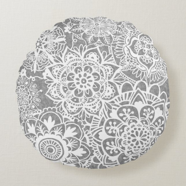 Coussins Ronds Motif de mandala blanc et gris doux (Devant)