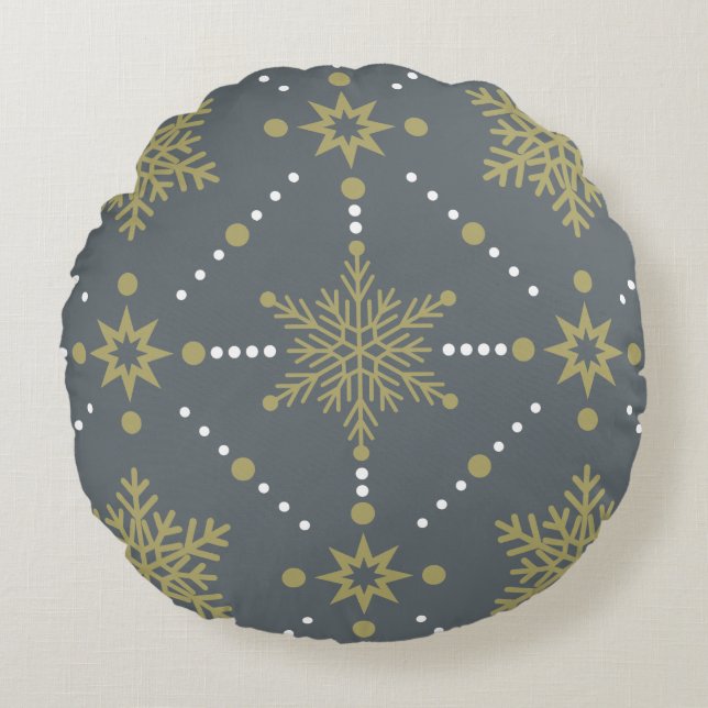 Coussins Ronds Motif de Noël Gris et Gold Snowflakes (Devant)
